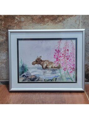 Watercolor Painting Art Print Moose in Water Pink Flower Signed MarLynk